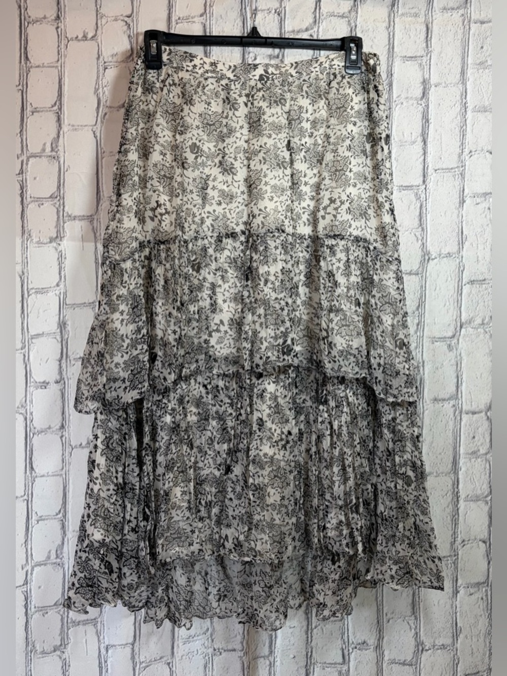 Anthropology Size:L Sheer Tiered Floral Maxi Skirt - Black on Cream
